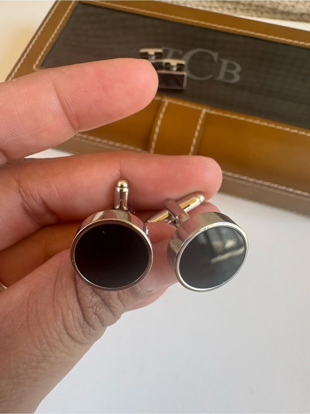 TCB Brown and Black Leather Cufflink Case with Silver-Tone Cufflinks